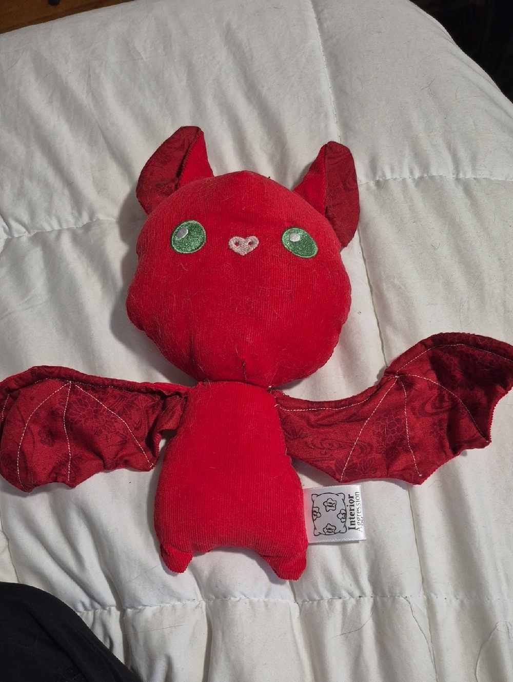 Red Bat Plush Toy with Green Eyes - Handmade